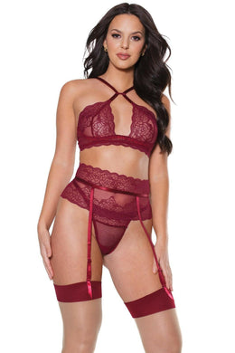 22313 - BRA, GARTER BELT & THONG SET - MERLOT