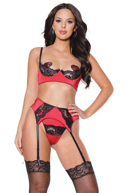 22324 - BRA, GARTER BELT & THONG SET - RED/BLACK