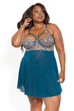 Teal Mesh & Rose Gold Lace Underwired Babydoll & Thong