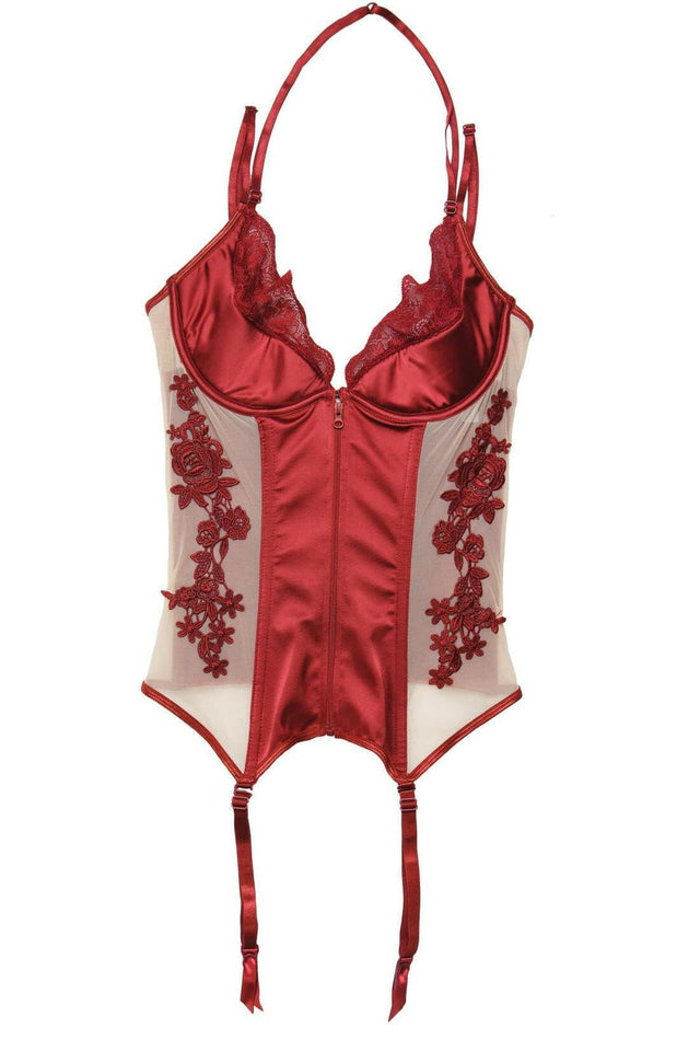 Satin & Sheer Underwired Bustier W/ Floral Applique