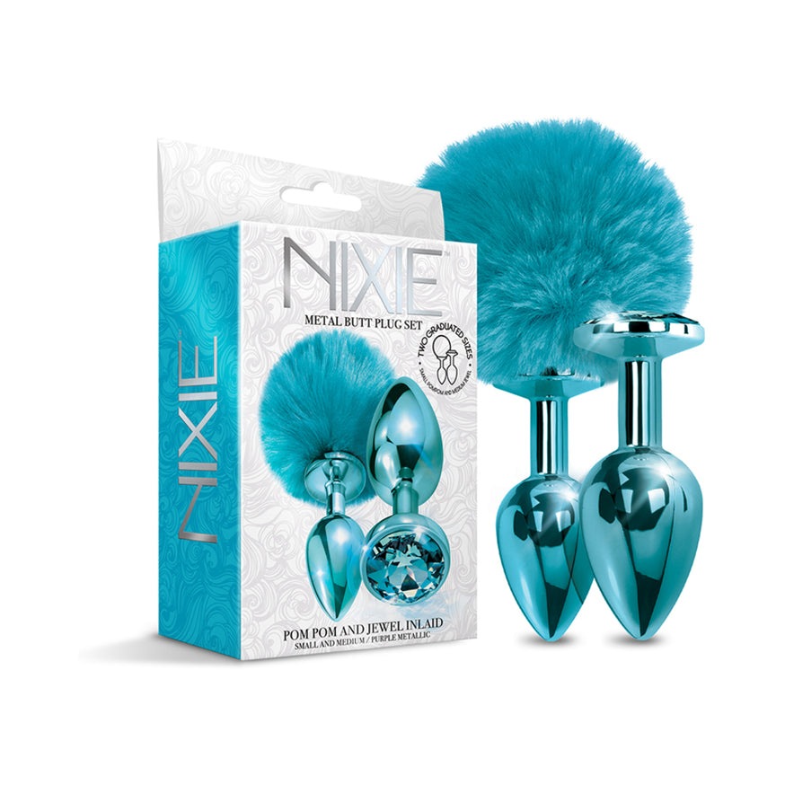 NIXIE Metal Butt Plug Set Pom Pom and Jewel-Inlaid Metallic