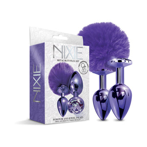 NIXIE Metal Butt Plug Set Pom Pom and Jewel-Inlaid Metallic