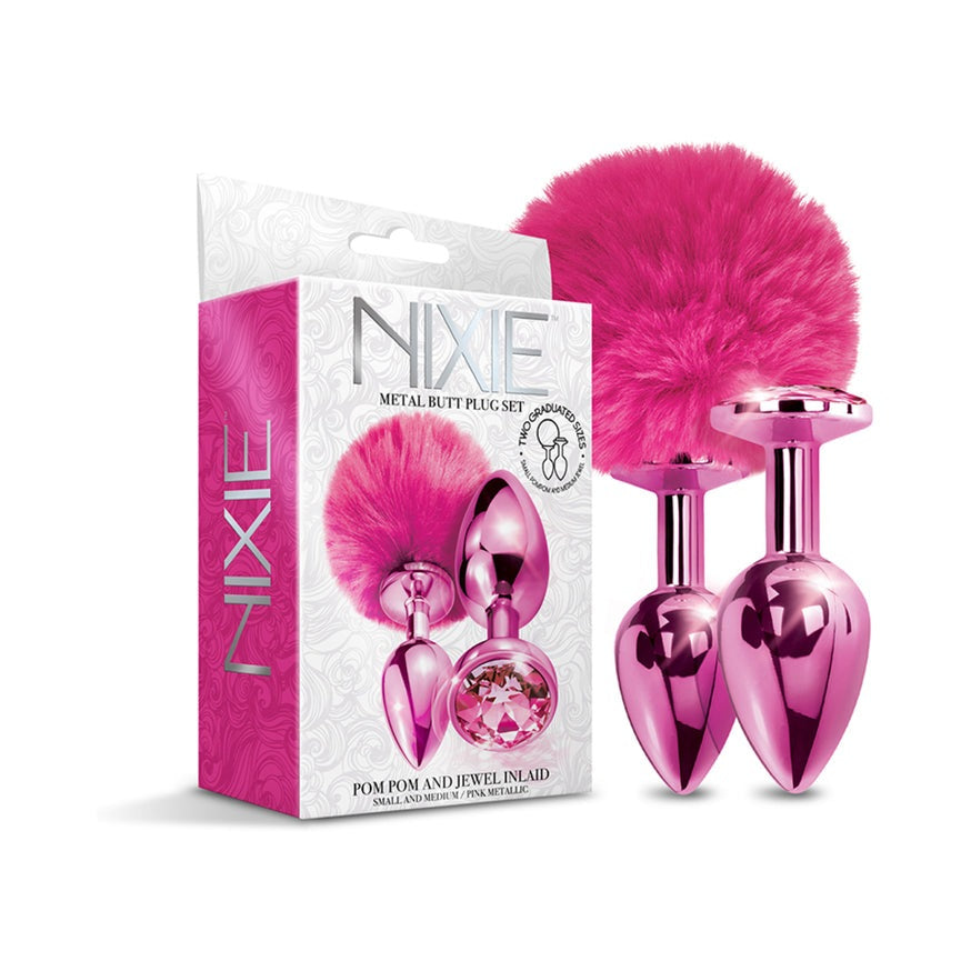 NIXIE Metal Butt Plug Set Pom Pom and Jewel-Inlaid Metallic