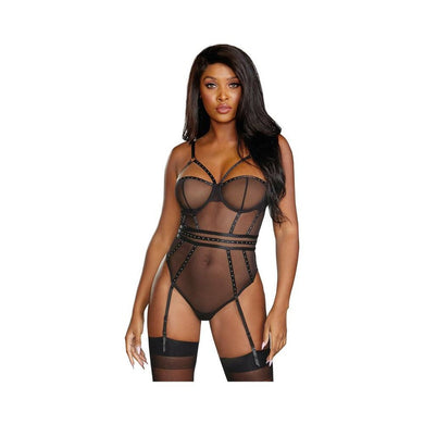 Dreamgirl Sheer Stretch Mesh Snap Crotch Teddy With Removable Garters