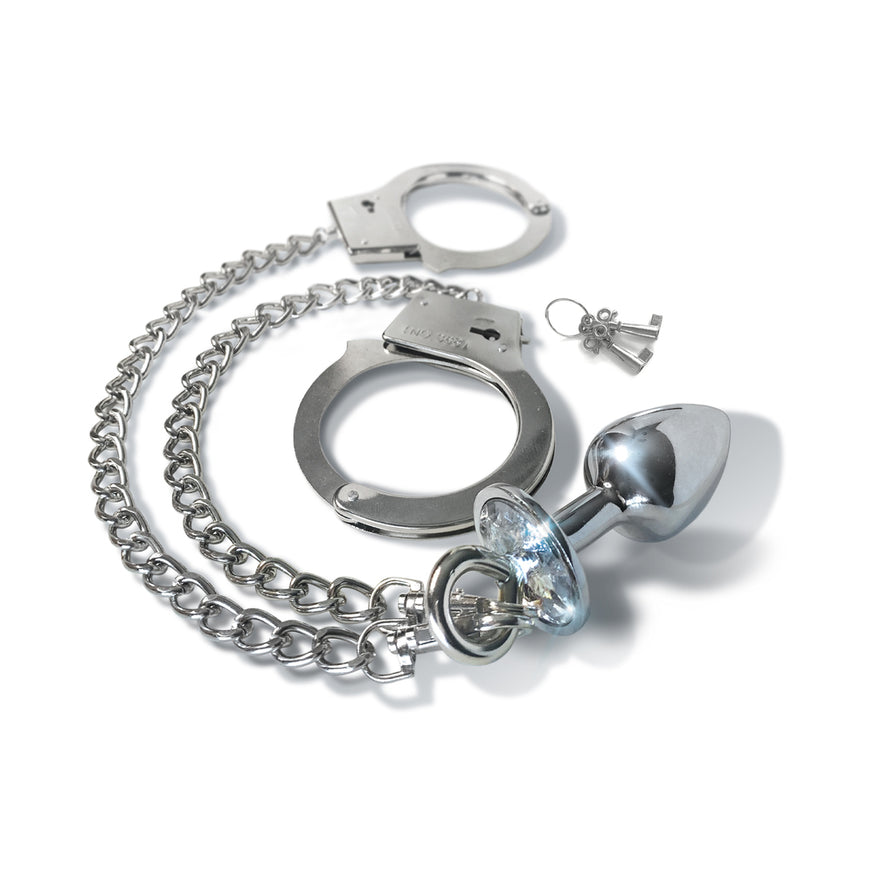 Nixie Metal Butt Plug & Handcuffs Set Silver