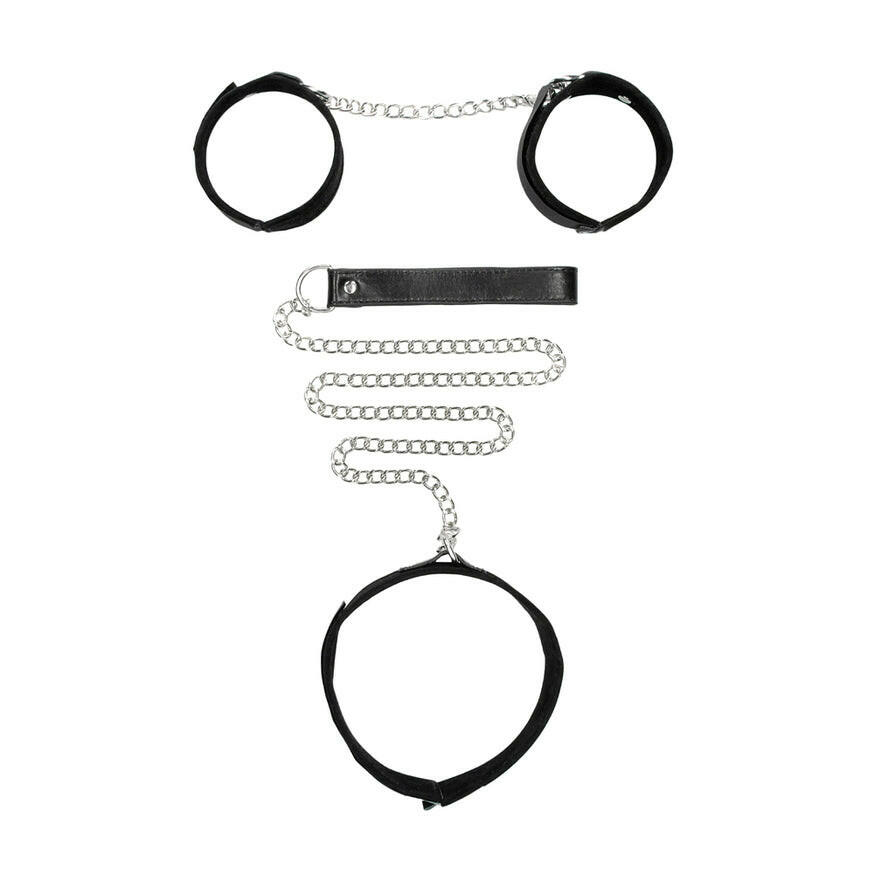 Ouch! Black & White Adjustable Velcro Collar With Leash & Wrist Cuffs Black