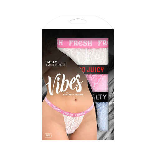Fantasy Lingerie Vibes Tasty Vibes Pack 3-Piece Lace Thong Panty Set Blue/Pink/White