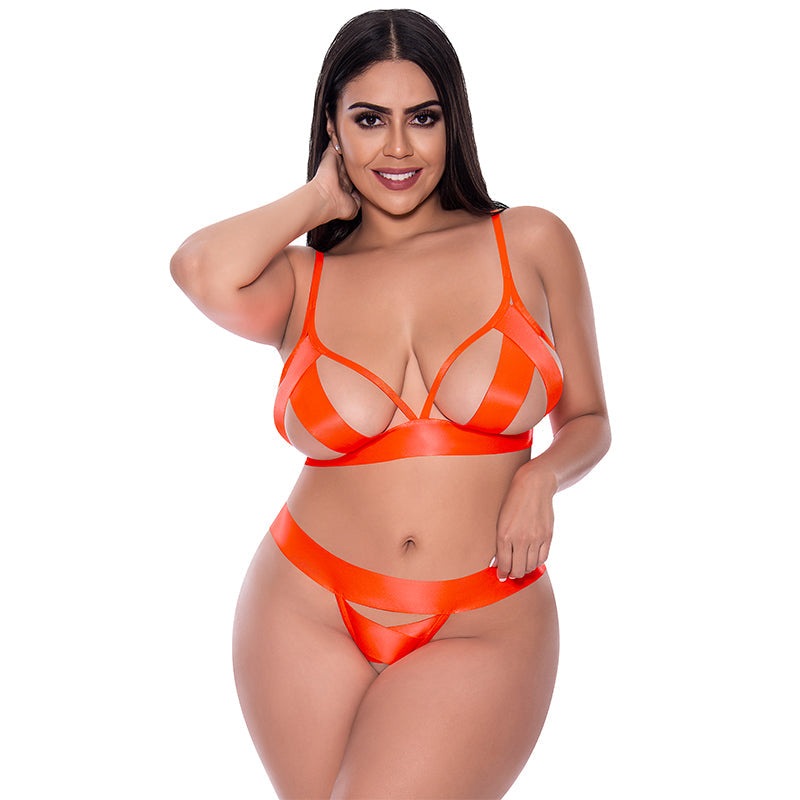 Magic Silk Strap Tease Bra & Crotchless Panty Set- Orange