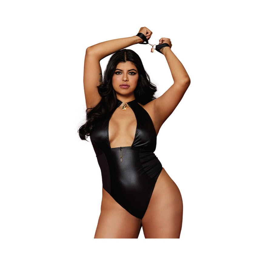 Dreamgirl Wetlook Corseted Back Halter-Neck Thong Teddy With Wrist Restraints