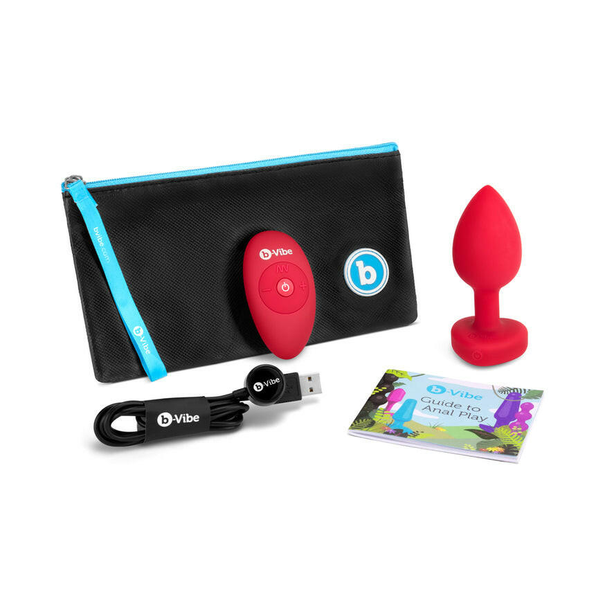 B-Vibe Vibrating Remote-Controlled Plug with Heart-Shaped Jewel Base M/L Red