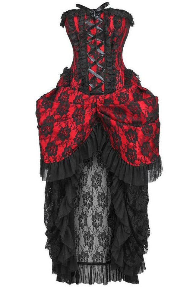 Top Drawer Steel Boned Red w/Black Lace Bustle Corset Dress