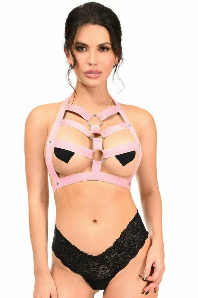BOXED Lt Pink Stretchy Body Harness w/Silver Hardware