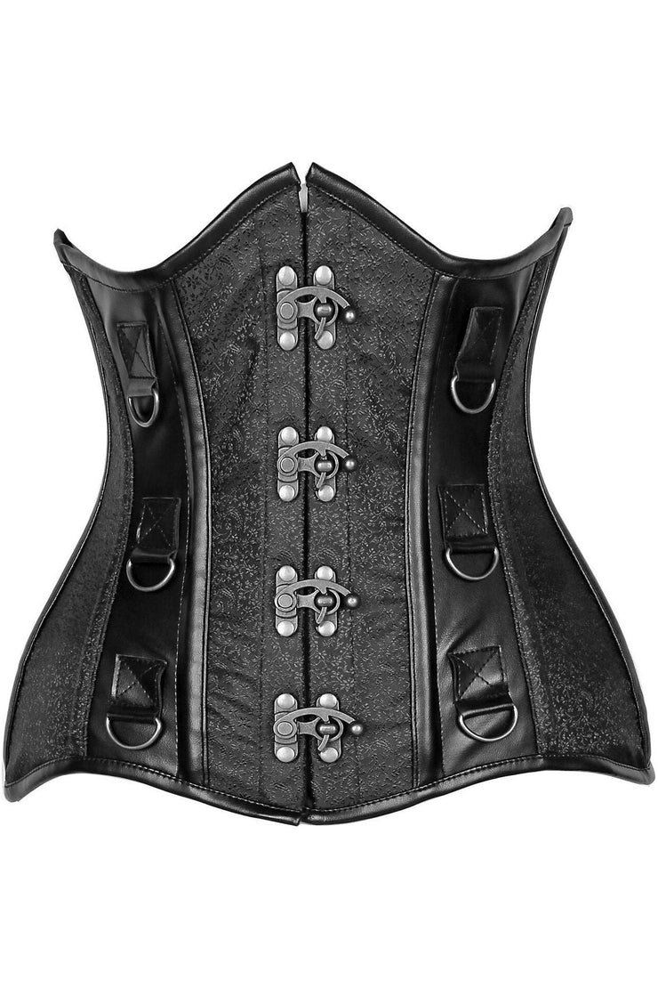 Top Drawer Black Brocade & Faux Leather Steel Boned Under Bust Corset