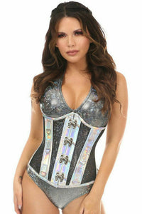 Top Drawer Silver Holo & Black Fishnet Steel Boned Under Bust Corset