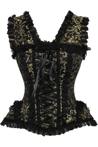 Top Drawer Gold/Black Swirl Brocade & Lace Steel Boned Corset w/Cap Sleeves