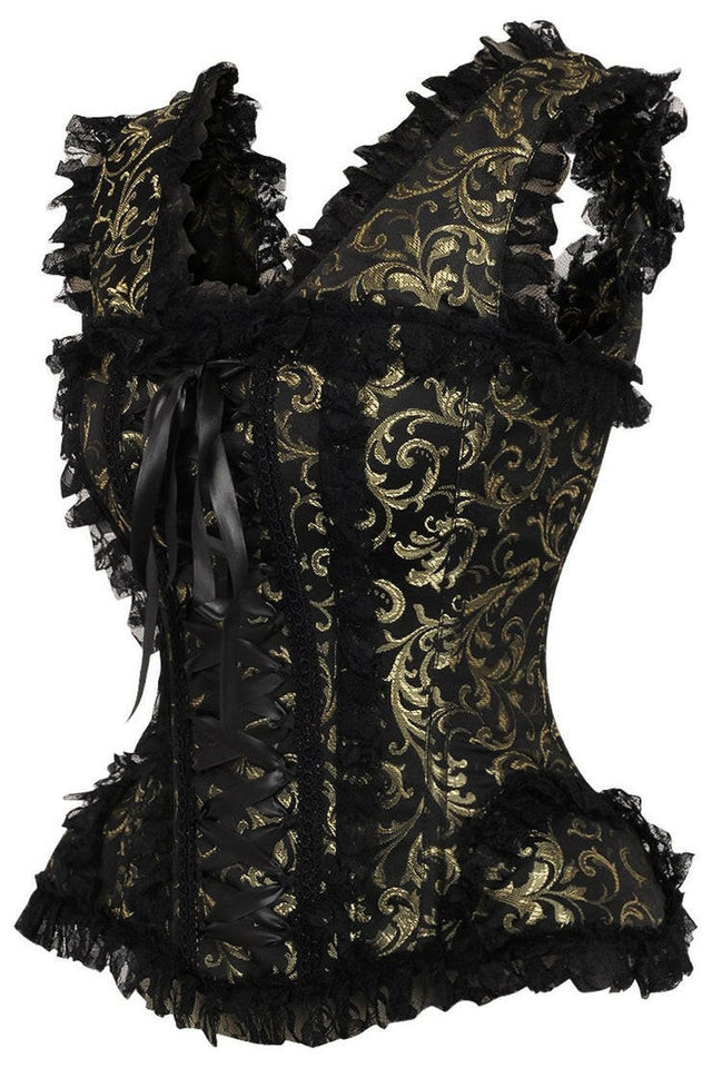 Top Drawer Gold/Black Swirl Brocade & Lace Steel Boned Corset w/Cap Sleeves