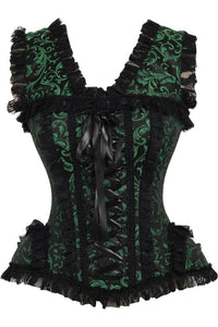 Top Drawer Green/Black Swirl Brocade & Lace Steel Boned Corset w/Cap Sleeves