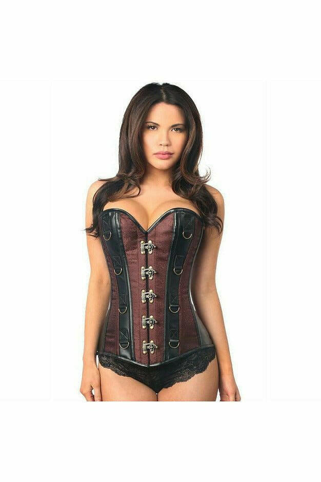 Top Drawer Brown Brocade & Faux Leather Steel Boned Corset