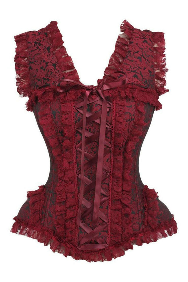 Top Drawer Red/Black Brocade & Lace Steel Boned Corset w/Cap Sleeves