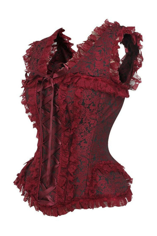 Top Drawer Red/Black Brocade & Lace Steel Boned Corset w/Cap Sleeves