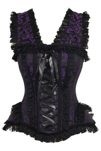 Top Drawer Purple/Black Swirl Brocade & Lace Steel Boned Corset w/Cap Sleeves