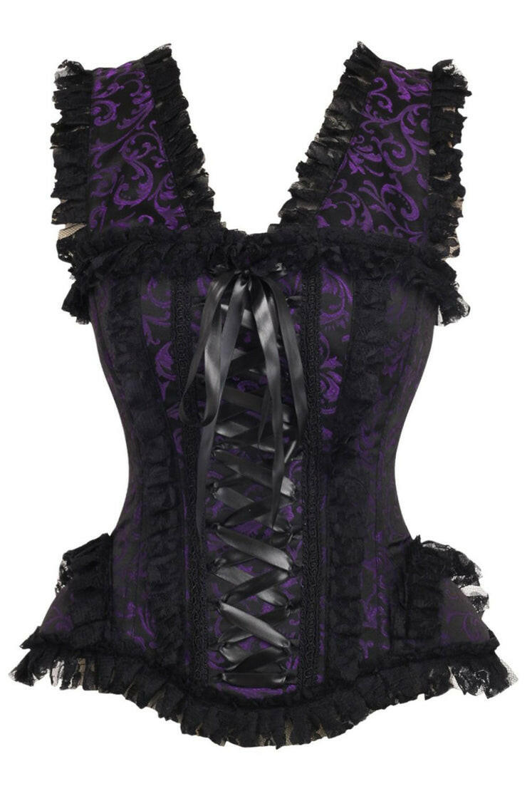 Top Drawer Purple/Black Swirl Brocade & Lace Steel Boned Corset w/Cap Sleeves