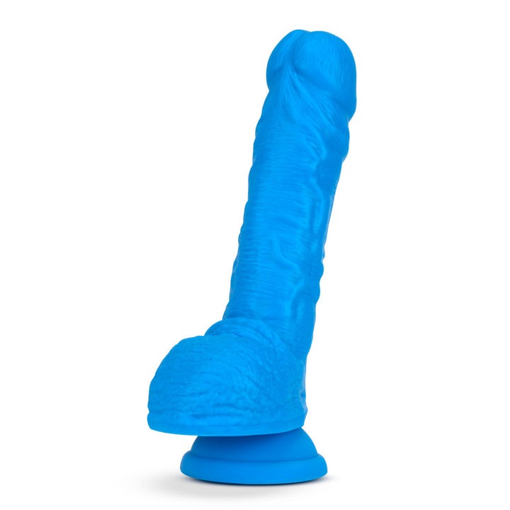 Blush Neo 9 in. Dual Density Dildo with Balls & Suction Cup Neon Blue