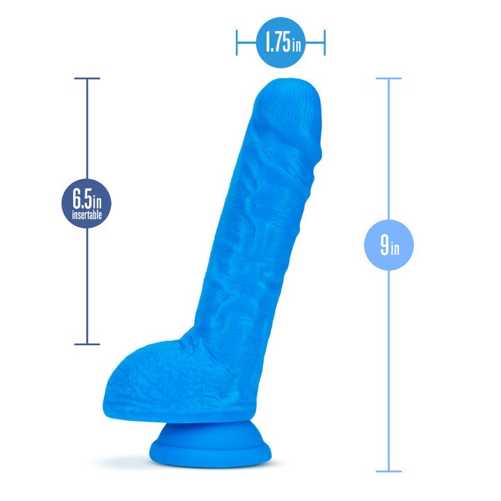 Blush Neo 9 in. Dual Density Dildo with Balls & Suction Cup Neon Blue