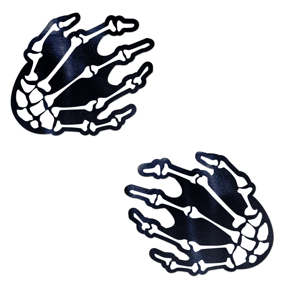 White Boney Skeleton Hands on Black Nipple Pasties