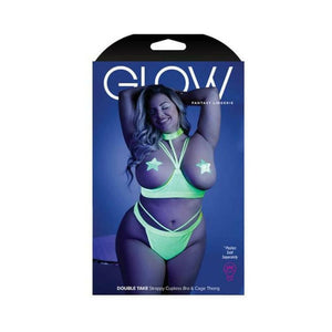 Glow Double Take Strappy Harness Open-shelf Bra & Cage Thong Neon Lemon Qs