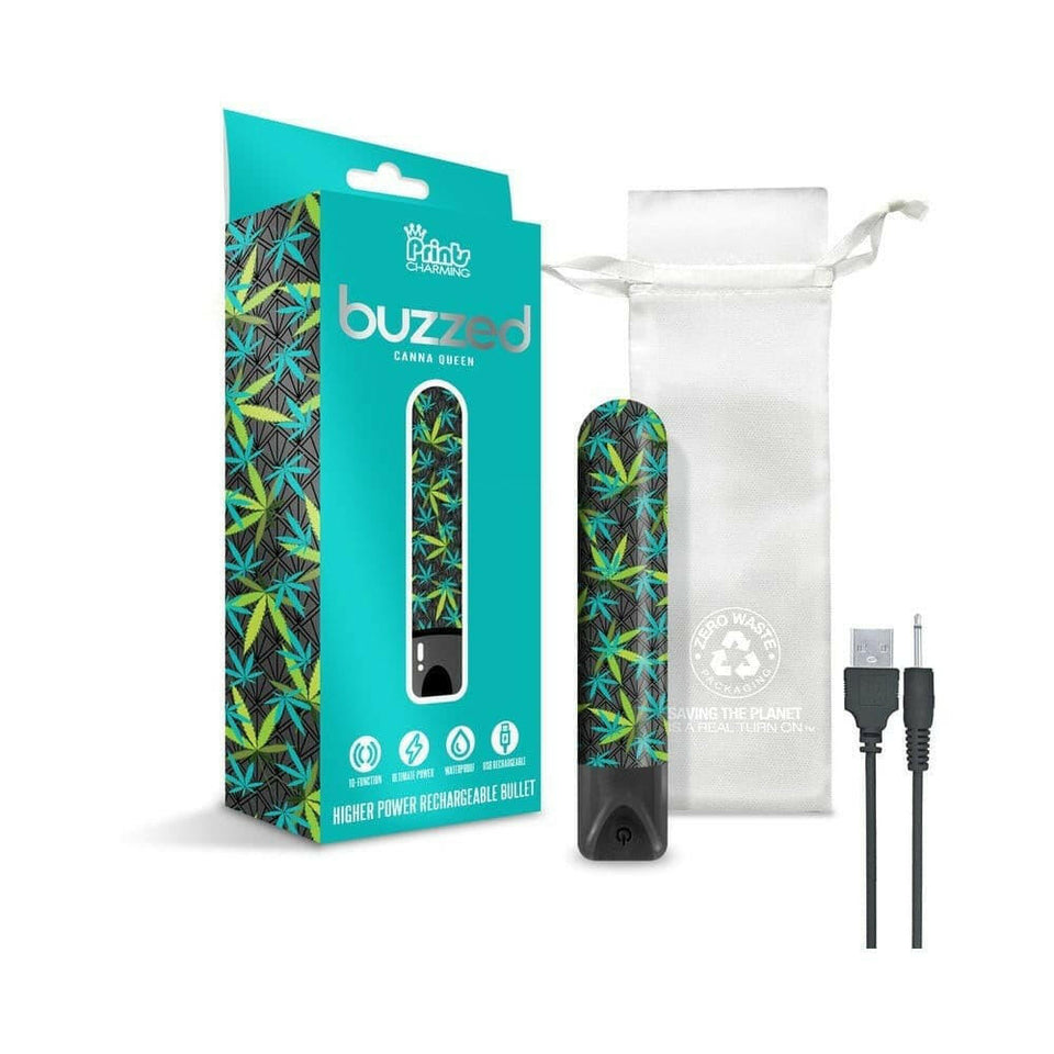 Prints Charming Buzzed Rechargeable 3.5" Bullet - Canna Queen - Black