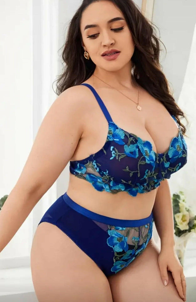 Plus Size Embroidered Floral Semi Sheer Push Up Sexy Lingerie Set